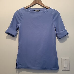 Lauren Ralph Lauren Luxury Tee Blue Rolled Sleeve Blouse Super Soft LRL Emblem M